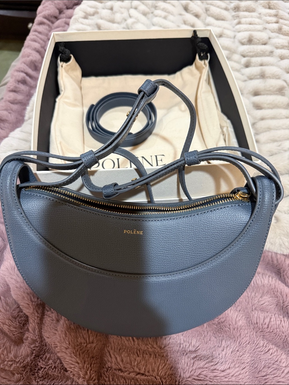 Small Blue Half-Moon Leather Shoulder Bag by polene numero dix